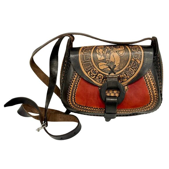 Vintage Leather Crossbody Bag Handmade in Mexico - Red Beige Black - Mint Cond! - Picture 1 of 11